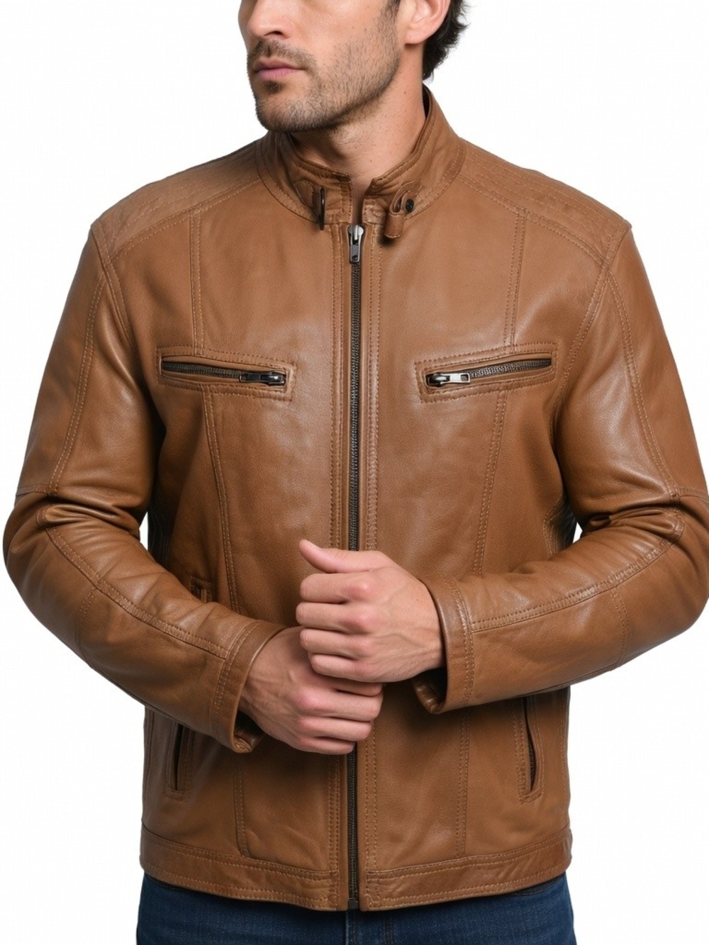 Danier Men's Tan Leather Biker Style Zip-Up Bomber Jacket Size L